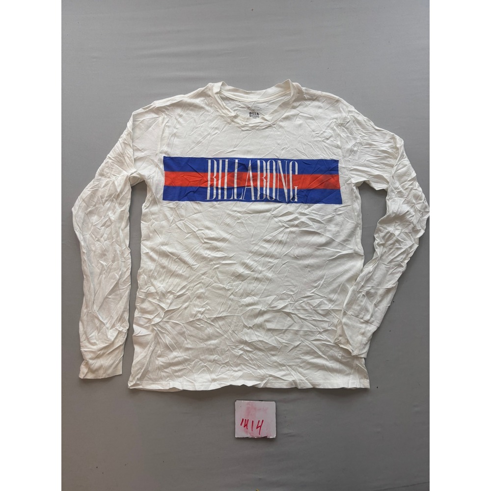 Billabong Mens Small White Long Sleeve Graphic T-Shirt Blue Red Stripe Logo